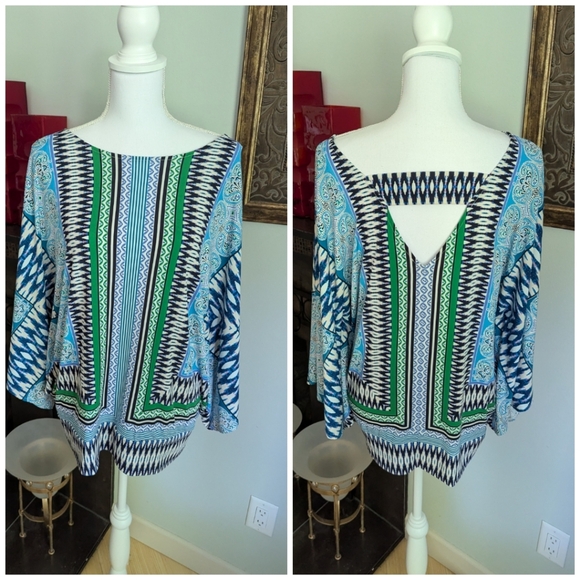 Chicos 2 Women's Large Dolman Sleeve Kimono Style Mixed Print Cutout Back Top 92 - Picture 1 of 10